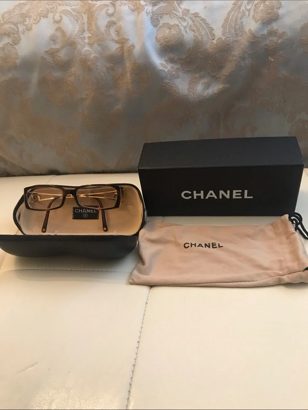 CHANEL Women's Brown Tortoiseshell Rectangular Glasses with Gold Accents